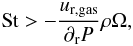 Mathematical equation: \begin{equation} % \textrm{St}>-\frac{u_{\mathrm{r,gas}}}{\partial_{\rm r} P} \rho \Omega, \label{cond1} \end{equation}