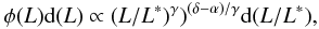 Mathematical equation: \begin{equation} \phi(L)\mathrm{d}(L)\propto(L/L^*)^\gamma)^{(\delta-\alpha)/\gamma}\mathrm{d}(L/L^*), \label{Luminosityfunction} \end{equation}