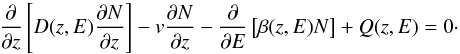 Mathematical equation: \begin{equation} \label{eqn:transport equation} \frac{\partial}{\partial z}\left[D(z,E)\frac{\partial N}{\partial z}\right]-v\frac{\partial N}{\partial z}-\frac{\partial}{\partial E}\left[\beta(z,E)N\right]+Q(z,E)=0 \cdot \end{equation}