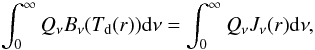 Mathematical equation: \begin{eqnarray} \int_0^\infty Q_\nu B_\nu(T_{\rm d}(r)) {\rm d} \nu = \int_0^\infty Q_\nu J_\nu(r) {\rm d} \nu, \label{bal_dust} \end{eqnarray}