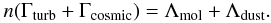 Mathematical equation: \begin{eqnarray} n ({\Gamma}_{\rm turb} + {\Gamma}_{\rm cosmic}) = \Lambda_{\rm mol} + \Lambda_{\rm dust}. \label{therm_bal} \end{eqnarray}