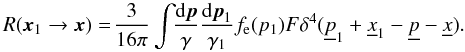 Mathematical equation: \appendix \setcounter{section}{1} \begin{equation} R(\vecx_1 \rightarrow \vecx) = \! \frac{3}{16\pi} \int \!\! \frac{\rmd \vecp}{\gamma} \frac{\rmd \vecp_1}{\gamma_1} \fe(p_1) F \delta^4(\fourp_1 + \fourx_1 - \fourp - \fourx). \label{eq:rf_gen} \end{equation}