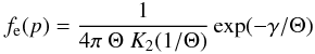 Mathematical equation: \appendix \setcounter{section}{1} \begin{equation} \fe(p) = \frac{1}{4\pi\ \Theta\ K_2(1/\Theta)} \exp(-\gamma/\Theta) \label{eq:maxwell} \end{equation}