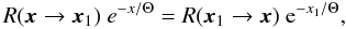 Mathematical equation: \appendix \setcounter{section}{1} \begin{equation} R(\vecx\rightarrow \vecx_1) \ e^{-x/\Theta} = R(\vecx_1 \rightarrow \vecx) \ {\rm e}^{-x_1/\Theta}, \label{eq:rf_symm} \end{equation}