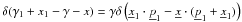 Mathematical equation: \hbox{$\delta(\gamma_{1}+x_1-\gamma-x)=\gamma \delta \left( \fourx_1 \cdot \fourp_1- \fourx \cdot (\fourp_1+ \fourx_1) \right)$}