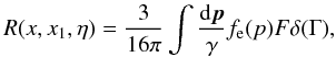 Mathematical equation: \appendix \setcounter{section}{1} \begin{equation} R(x,x_1,\eta) = \frac{3}{16\pi} \int \frac{\rmd \vecp}{\gamma} \fe(p) F \delta(\Gamma), \label{eq:rf_spe} \end{equation}