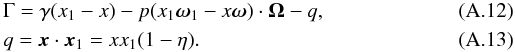 Mathematical equation: \appendix \setcounter{section}{1} \begin{eqnarray} && \Gamma = \gamma(x_1-x) - p (x_1 \vomega_1 -x \vomega ) \cdot \vOmega - q, \\ && q = \vecx\cdot\vecx_1 = xx_1(1-\eta). \end{eqnarray}