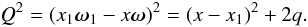 Mathematical equation: \appendix \setcounter{section}{1} \begin{equation} Q^2=(x_1 \vomega_1 -x \vomega)^2= (x-x_1)^2+2q. \label{eq:Qcap} \end{equation}