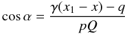 Mathematical equation: \appendix \setcounter{section}{1} \begin{equation} \cos\alpha= \frac{\gamma(x_1-x) - q}{pQ} \label{eq:costheta} \end{equation}