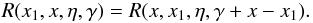 Mathematical equation: \appendix \setcounter{section}{1} \begin{equation} R(x_1,x,\eta,\gamma) = R(x,x_1,\eta,\gamma+x-x_1). \label{eq:rfmono_bal} \end{equation}