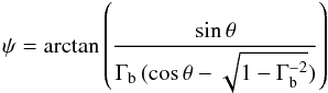 Mathematical equation: $$ \psi=\arctan\left({{\sin\theta} \over {\Gamma_{\rm b}\, (\cos\theta-\sqrt{1-\Gamma_{\rm b}^{-2}})}}\right) $$