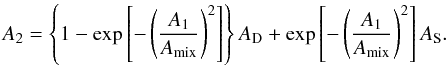 Mathematical equation: \begin{equation} A_2 = \left\{1 - \exp \left[-\left(\frac{A_1}{A_\mathrm{mix}}\right)^2\right]\right\} A_\mathrm{D} + \exp \left[-\left(\frac{A_1}{A_\mathrm{mix}}\right)^2\right] A_\mathrm{S}. \end{equation}