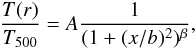 Mathematical equation: \begin{eqnarray} \label{powlaw} \frac{T(r)}{T_{500}}=A \frac{1}{(1+(x/b)^2)^{\beta}}, \end{eqnarray}