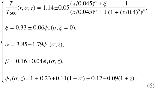 Mathematical equation: \begin{equation} \label{universallaw} \left\{\begin{array}{l} \frac{T}{T_{500}}(r, \sigma, z)=1.14\!\pm\!0.05\frac{(x/0.045)^{\alpha}+\xi}{(x/0.045)^{\alpha}+1} \frac{1}{(1+(x/0.4)^2)^{\beta}},\\ \\ \xi = 0.33\pm0.06 \phi_+(\sigma,\zeta=0), \\ \alpha = 3.85\!\pm\!1.79 \phi_-(\sigma,z), \\ \beta = 0.16\!\pm\!0.04 \phi_+(\sigma,z), \\ \phi_\pm(\sigma,z)\! =\! 1+0.23\!\pm\!0.11(1+\sigma)+0.17\!\pm\!0.09(1+z)\:. \end{array} \right. \end{equation}