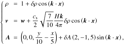 Mathematical equation: \begin{equation} \left\{\begin{array}{lcl} \rho &=& 1 + \delta\rho\cos\left(\vec{k}\cdot\vec{x}\right) \\ \noalign{\medskip} \vec{v} &=& \DS \vec{w} + \frac{c_{\rm s}}{2}\sqrt{\frac{7}{10}} \frac{H\vec{k}}{4\pi}\delta\rho \cos\left(\vec{k}\cdot\vec{x}\right) \\ \noalign{\medskip} \vec{A} &=&\DS \left(0,0,\frac{y}{10}-\frac{x}{5}\right) + \delta A \left(2,-1,5\right)\sin\left(\vec{k}\cdot\vec{x}\right), \end{array}\right. \end{equation}