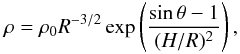 Mathematical equation: \begin{equation} \rho = \rho_{0} R^{-3/2} \exp\left(\frac{\sin{\theta}-1}{(H/R)^2}\right) , \end{equation}