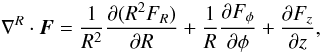 Mathematical equation: \appendix \setcounter{section}{1} \begin{equation} \nabla^R\cdot\vec{F} = \frac{1}{R^2}\pd{(R^2F_R)}{R} + \frac{1}{R}\pd{F_\phi}{\phi} + \pd{F_z}{z} , \end{equation}