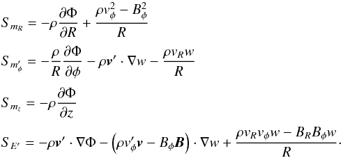 Mathematical equation: \appendix \setcounter{section}{1} \begin{equation} \begin{array}{l} S_{m_R} = \DS -\rho\pd{\Phi}{R} + \frac{\rho v_\phi^2 - B_\phi^2}{R} \\ \noalign{\medskip} S_{m'_\phi} =\DS -\frac{\rho}{R}\pd{\Phi}{\phi} - \rho\vec{v}'\cdot\nabla w - \frac{\rho v_Rw}{R} \\ \noalign{\medskip} S_{m_z} =\DS -\rho\pd{\Phi}{z} \\ \noalign{\medskip} S_{E'} =\DS -\rho\vec{v}'\cdot\nabla\Phi - \left( \rho v'_\phi \vec{v}- B_\phi \vec{B}\right)\cdot\nabla w + \frac{\rho v_Rv_\phi w-B_RB_\phi w}{R} \cdot \end{array} \end{equation}