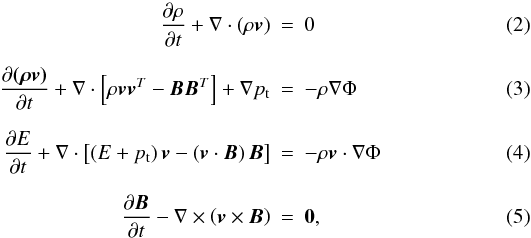 Mathematical equation: \begin{eqnarray} \label{eq:mhd_rho} \DS \pd{\rho}{t} + \nabla\cdot\left(\rho\vec{v}\right) &=& 0 \\ \noalign{\medskip} \label{eq:mhd_mom} \DS \pd{\vec{(\rho\vec{v})}}{t} + \nabla\cdot\left[ \rho\vec{v}\vec{v}^T - \vec{B}\vec{B}^T\right] + \nabla p_{\rm t}&=& -\rho\nabla\Phi \\ \noalign{\medskip}\label{eq:mhd_E} \DS \pd{E}{t} + \nabla\cdot\left[ \left(E + p_{\rm t}\right)\vec{v} - \left(\vec{v}\cdot\vec{B}\right)\vec{B}\right]& =& -\rho\vec{v}\cdot\nabla\Phi \\ \noalign{\medskip}\label{eq:mhd_B} \DS \pd{\vec{B}}{t} - \nabla\times\left(\vec{v}\times\vec{B}\right) &=& \vec{0} , \end{eqnarray}