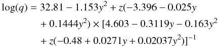 Mathematical equation: \begin{align} \log(q)&=32.81-1.153y^2+z(-3.396-0.025y \nonumber \\&\quad+ 0.1444y^2)\times[4.603-0.3119y-0.163y^2 \nonumber \\&\quad+ z(-0.48+0.0271y+0.02037y^2)]^{-1} \end{align}
