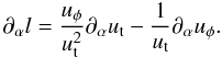 Mathematical equation: \begin{equation} \partial_{\alpha}l=\frac{u_{\phi}}{u_{\rm t}^{2}}\partial_{\alpha}u_{\rm t}-\frac{1}{u_{\rm t}}\partial_{\alpha}u_{\phi}. \end{equation}