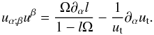 Mathematical equation: \begin{equation} u_{\alpha ; \beta}u^{\beta}=\frac{\Omega\partial_{\alpha}l}{1-l\Omega}-\frac{1}{u_{\rm t}}\partial_{\alpha}u_{\rm t}. \end{equation}