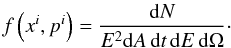 Mathematical equation: \begin{equation} f\left(x^{i},p^{i}\right)=\frac{{\rm d}N}{E^{2}{\rm d}A\,{\rm d}t \, {\rm d}E \, {\rm d}\Omega} \cdot \end{equation}