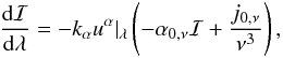Mathematical equation: \begin{equation} \frac{{\rm d}\mathcal{I}}{{\rm d}\lambda}= -k_{\alpha}u^{\alpha}\vert_{\lambda}\left(-\alpha_{0,\nu}\mathcal{I}+\frac{j_{0,\nu}}{\nu^{3}} \right) , \label{cov-rte} \end{equation}
