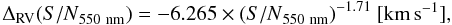 Mathematical equation: \begin{equation} \label{CTIfit} \Delta_{\rm RV}({S/N}_{\rm 550~nm}) = -6.265\times({S/N}_{\rm 550~nm})^{-1.71} ~[\kms], \end{equation}