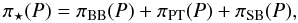 Mathematical equation: \begin{equation} \label{probstar} \pi_{\star}(P) = \pi_{\rm BB}(P) + \pi_{\rm PT}(P) + \pi_{\rm SB}(P), \end{equation}