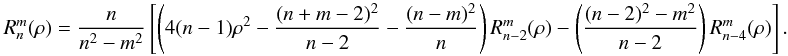 Mathematical equation: \appendix \setcounter{section}{1} \begin{equation} \label{eq:zern_rad3} R_n^m(\rho)=\frac{n}{n^2-m^2}\left[\left( 4(n-1)\rho^2 -\frac{(n+m-2)^2}{n-2}-\frac{(n-m)^2}{n}\right)R_{n-2}^m(\rho) - \left( \frac{(n-2)^2-m^2}{n-2}\right)R_{n-4}^m(\rho)\right]. \end{equation}