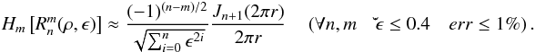 Mathematical equation: \appendix \setcounter{section}{2} \begin{eqnarray} \label{hte3} H_m\left[R_n^m(\rho,\epsilon) \right] \approx \frac{(-1)^{(n-m)/2}} {\sqrt{\sum_{i=0}^{n}\epsilon^{2i}} } \frac{J_{n+1}(2\pi r)}{2\pi r} \quad \left(\forall n,m \quad \dot\epsilon\leq 0.4 \quad err\leq 1\% \right) . \end{eqnarray}