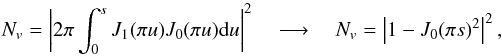 Mathematical equation: \appendix \setcounter{section}{10} \begin{equation} \label{null_int1} N_v=\left| 2\pi \int_0^s J_1(\pi u) J_0(\pi u) {\rm d}u \right|^2 \quad \longrightarrow \quad N_v=\left| 1-J_0(\pi s)^2\right|^2, \end{equation}