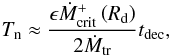 Mathematical equation: \begin{equation} \Tn \approx \frac{\epsilon\Mcrp\left(\Rd\right)}{2\Mtr}\td , \label{eq:Tn2} \end{equation}