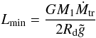 Mathematical equation: \begin{equation} L_{\rm min}=\frac{GM_{1}\Mtr}{2\Rd \tilde{g}} \label{eq:Lmin} \end{equation}