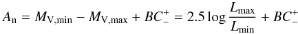 Mathematical equation: \begin{equation} \An=\Vmin-\Vmax+BC_-^+=2.5\log\frac{L_{\rm max}}{L_{\rm min}}+BC_-^+ \label{eq:An1} \end{equation}