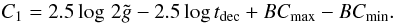 Mathematical equation: \begin{equation} C_1=2.5\log\,2\tilde{g}-2.5\log \td + BC_{\rm max}-BC_{\rm min}. \label{eq:C1} \end{equation}
