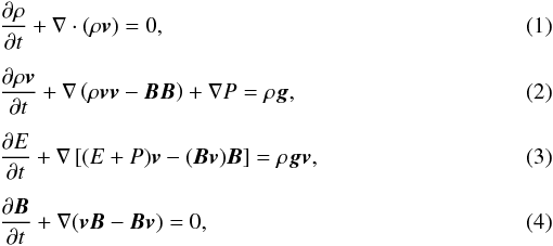 Mathematical equation: \begin{eqnarray} \label{eq5:euler1} && \frac{\partial\rho}{\partial t} + \nabla \cdot \left(\rho \vec{v}\right) = 0, \\[1.5mm] \label{eq5:euler2} && \frac{\partial\rho\vec{v}} {\partial t} + \nabla \left(\rho \vec{vv} - \vec{BB}\right) + \nabla P = \rho \vec{g}, \\[1.5mm] \label{eq5:euler3} && \frac{\partial E}{\partial t} + \nabla \left[ (E+P)\vec{v} - (\vec{B} \vec{v})\vec{B} \right] = \rho \vec{g} \vec{v}, \\[1.5mm] \label{eq5:euler4} && \frac{\partial \vec{B}}{\partial t} + \nabla (\vec{vB} - \vec{Bv}) = 0, \end{eqnarray}