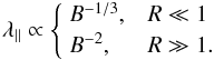 Mathematical equation: \begin{equation} \label{eq:lp_est} \lambda\pa\propto \begin{cases} \;B^{-1/3}, & R\ll1\\ \;B^{-2}, & R\gg1. \end{cases} \end{equation}