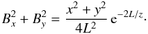 Mathematical equation: \appendix \setcounter{section}{1} \begin{equation} B_x^2+B_y^2=\frac{x^2+y^2}{4L^2}\,{\rm e}^{-2L/z}\cdot \end{equation}