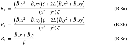 Mathematical equation: \appendix \setcounter{section}{2} % subequation 2842 0 \begin{eqnarray} B_x&=&\frac{\left(\tilde B_xy^2-\tilde B_yxy\right)\xi+2L\left(\tilde B_xx^2+\tilde B_yxy\right)}{\left(x^2+y^2\right)\xi}\\ B_y&=&\frac{\left(\tilde B_yx^2-\tilde B_xxy\right)\xi+2L\left(\tilde B_yy^2+\tilde B_xxy\right)}{\left(x^2+y^2\right)\xi}\\ B_z&=&\frac{\tilde B_xx+\tilde B_yy}{\xi}\cdot \end{eqnarray}