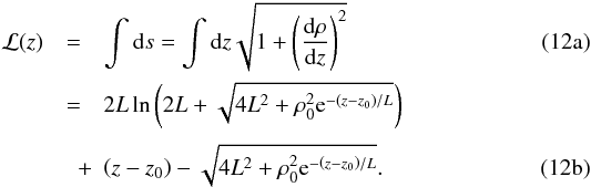 Mathematical equation: % subequation 1202 0 \begin{eqnarray} \mathcal L(z)&=&\int\df s=\int\df z\sqrt{1+\left(\dd[\rho]z\right)^2}\\ &=& 2L\ln\left(2L+\sqrt{4L^2+\rho_0^2{\rm e}^{-\left(z-z_0\right)/L}}\right)\nonumber\\[1mm] &\quad+ & \left(z-z_0\right)-\sqrt{4L^2+\rho_0^2{\rm e}^{-\left(z-z_0\right)/L}}. \end{eqnarray}