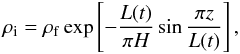 Mathematical equation: \begin{equation} \rho_{\rm i}=\rho_{\rm f}\exp\left[-\frac{L(t)}{\pi H}\sin\frac{\pi z}{L(t)}\right], \label{eq:1.4} \end{equation}