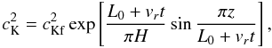 Mathematical equation: \begin{equation} c_{\rm K}^2=c_{\rm Kf}^2\exp\left[\frac{L_0+v_rt}{\pi H}\sin\frac{\pi z}{L_0+v_rt}\right], \label{eq:1.16} \end{equation}