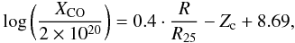 Mathematical equation: \begin{equation} {\rm log}\left(\frac{X_{\rm CO}}{2 \times 10^{20}}\right) = 0.4 \cdot \frac{R}{R_{25}}-Z_{\rm c} + 8.69, \label{scaleR} \end{equation}