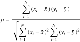 Mathematical equation: \begin{equation} \rho = \frac{\displaystyle \sum_{i=1}^N \left(x_i - \bar{x}\,\right) \left(y_i - \bar{y}\,\right)}{\displaystyle \sqrt{\sum_{i=1}^N \left(x_i - \bar{x}\,\right)^2 \sum_{i=1}^N \left(y_i - \bar{y}\,\right)^2}} \end{equation}