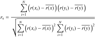 Mathematical equation: \begin{equation} r_{\rm s} = \frac{\displaystyle \sum_{i=1}^N \left(r(x_i) - \overline{r(x)}\,\right) \left(r(y_i) - \overline{r(y)}\,\right)}{ \displaystyle \sqrt{\sum_{i=1}^N \left(r(x_i) - \overline{r(x)}\,\right)^2 \sum_{i=1}^N \left(r(y_i) - \overline{r(y)}\,\right)^2}} \end{equation}