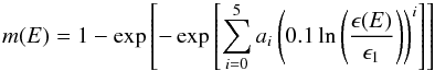 Mathematical equation: \begin{equation} \label{eq:m(E)} m(E) = 1- \exp \left[-\exp \left[\sum_{i=0}^5 a_i \left( 0.1 \ln \left( \frac{\epsilon(E)}{\epsilon_1} \right) \right)^i \right] \right] \end{equation}