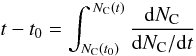 Mathematical equation: \begin{equation} \label{eq:integr_lifetime} t - t_0 = \int_{N_{\rm C}(t_0)}^{\,N_{\rm C}(t)}\frac{{\rm d}N_{\rm C}}{{\rm d}N_{\rm C} / {\rm d}t} \end{equation}