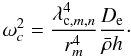 Mathematical equation: \begin{equation} \label{eqrf3} \omega^2_c=\frac{\lambda^4_{{\rm c},m,n}}{r^4_m}\frac{D_{\rm e}}{\bar{\rho} h}\cdot \end{equation}